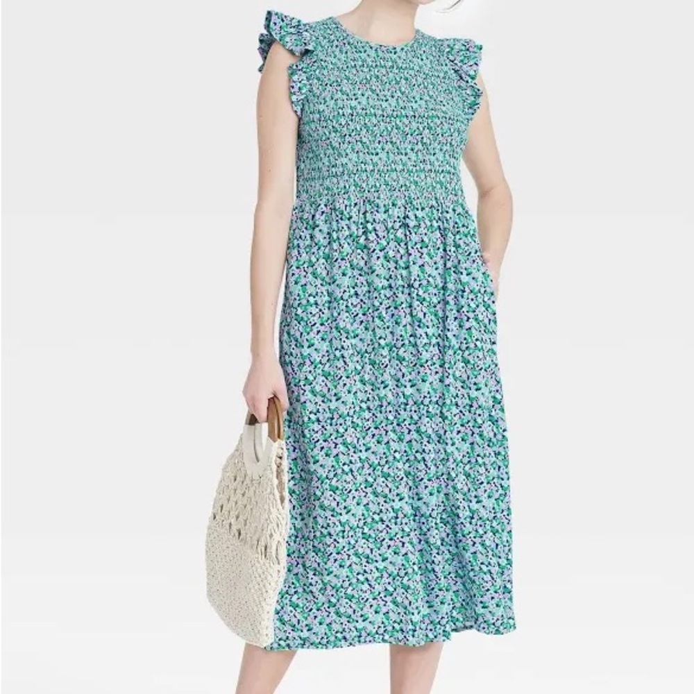 A New Day Floral Smocked Open Back Midi Dress